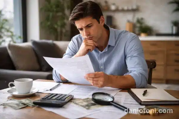 Homem analisando documentos financeiros preocupado com erros que fazem você pagar mais imposto de renda.