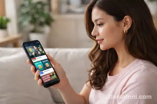 Pessoa vendo vídeos e anúncios sobre renda extra no celular e promessas de ganhar dinheiro pelo celular