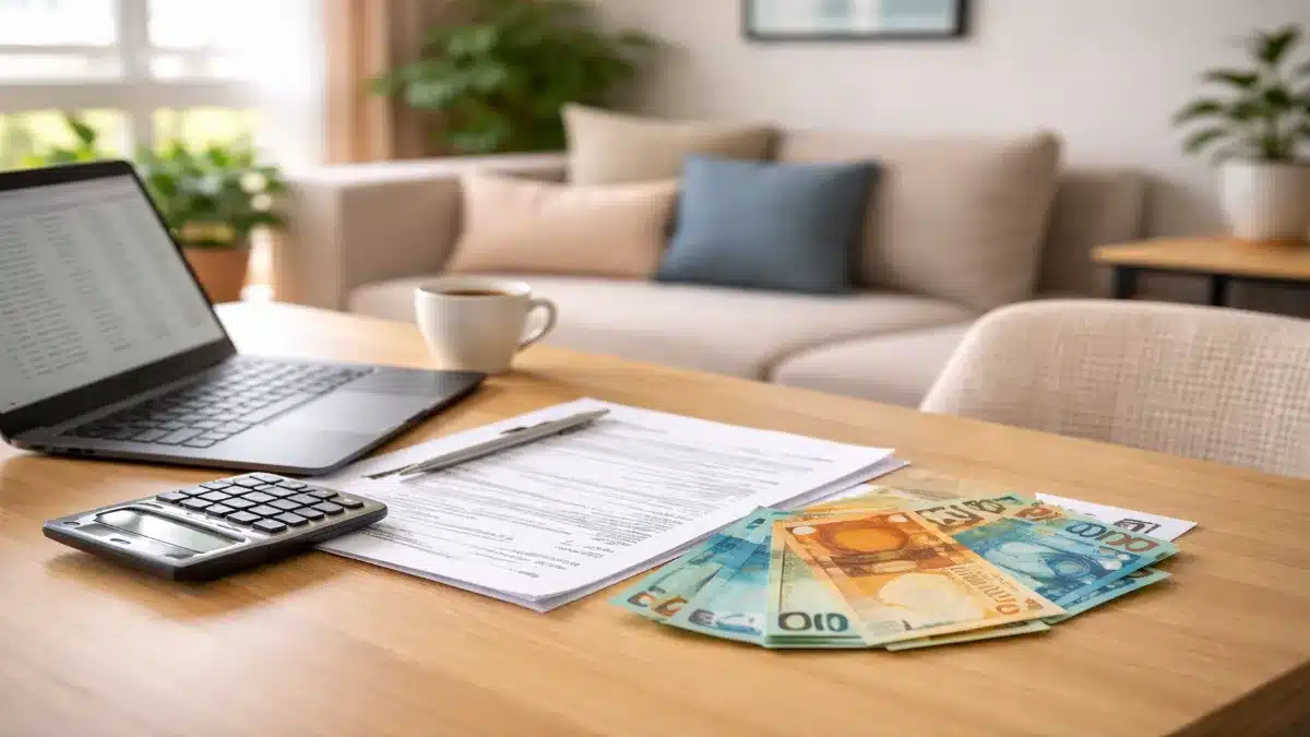 restituição do imposto de renda 2026 com documentos e dinheiro organizados sobre a mesa