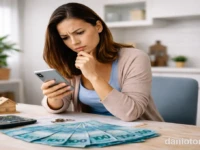 mulher analisando antecipação do FGTS para negativados em 2026 no celular com dinheiro sobre a mesa