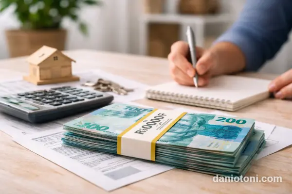 simulação de antecipação do FGTS para negativados em 2026 com dinheiro, calculadora e anotações