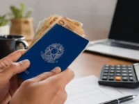 Antecipar FGTS para quitar dívidas em 2026 sendo analisado com dinheiro em mãos, calculadora e documentos sobre a mesa