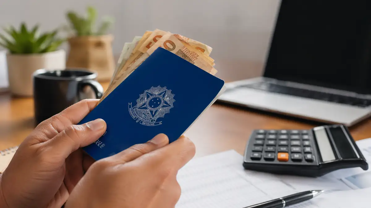 Antecipar FGTS para quitar dívidas em 2026 sendo analisado com dinheiro em mãos, calculadora e documentos sobre a mesa