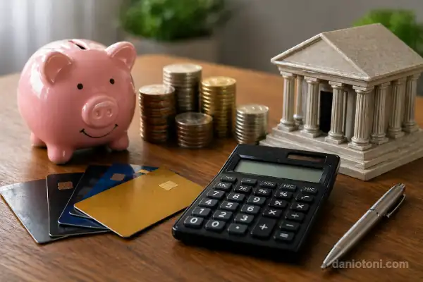 Antecipar FGTS para quitar dívidas em 2026 com calculadora, cartões, moedas e símbolo de banco representando variação de taxas