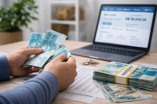 pessoa contando dinheiro após antecipação do FGTS para negativados em 2026 com computador ao fundo