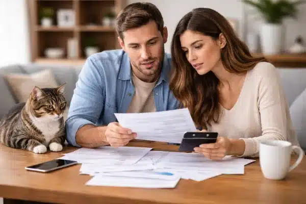 casal analisando documentos para pagar menos imposto de renda 2026 em casa com um gato ao lado