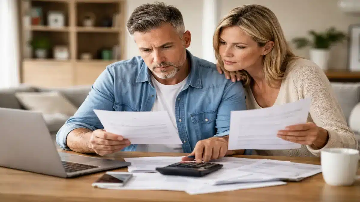 casal analisando documentos para pagar menos imposto de renda 2026 em casa