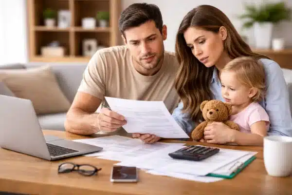 casal com filho pequeno analisando documentos para pagar menos imposto de renda 2026 em casa