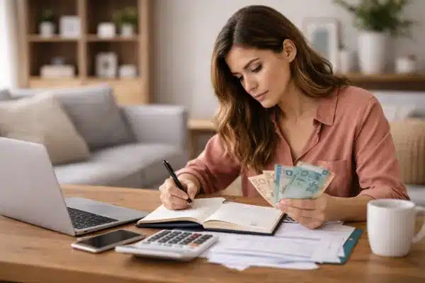 mulher anotando rendimentos e organizando valores para pagar menos imposto de renda 2026 em casa