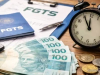 quanto voce perde ao antecipar o FGTS em 2026 com dinheiro, relógio e documento do FGTS sobre a mesa