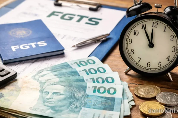 quanto voce perde ao antecipar o FGTS em 2026 com dinheiro, relógio e documento do FGTS sobre a mesa