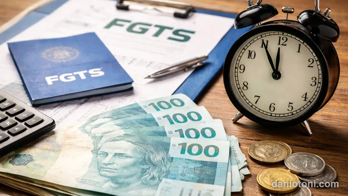 quanto voce perde ao antecipar o FGTS em 2026 com dinheiro, relógio e documento do FGTS sobre a mesa