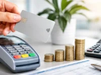 atrasar o cartão em 2026 com mão segurando cartão de crédito próximo da maquininha e moedas sobre a mesa