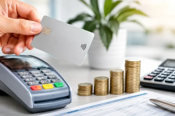 atrasar o cartão em 2026 com mão segurando cartão de crédito próximo da maquininha e moedas sobre a mesa
