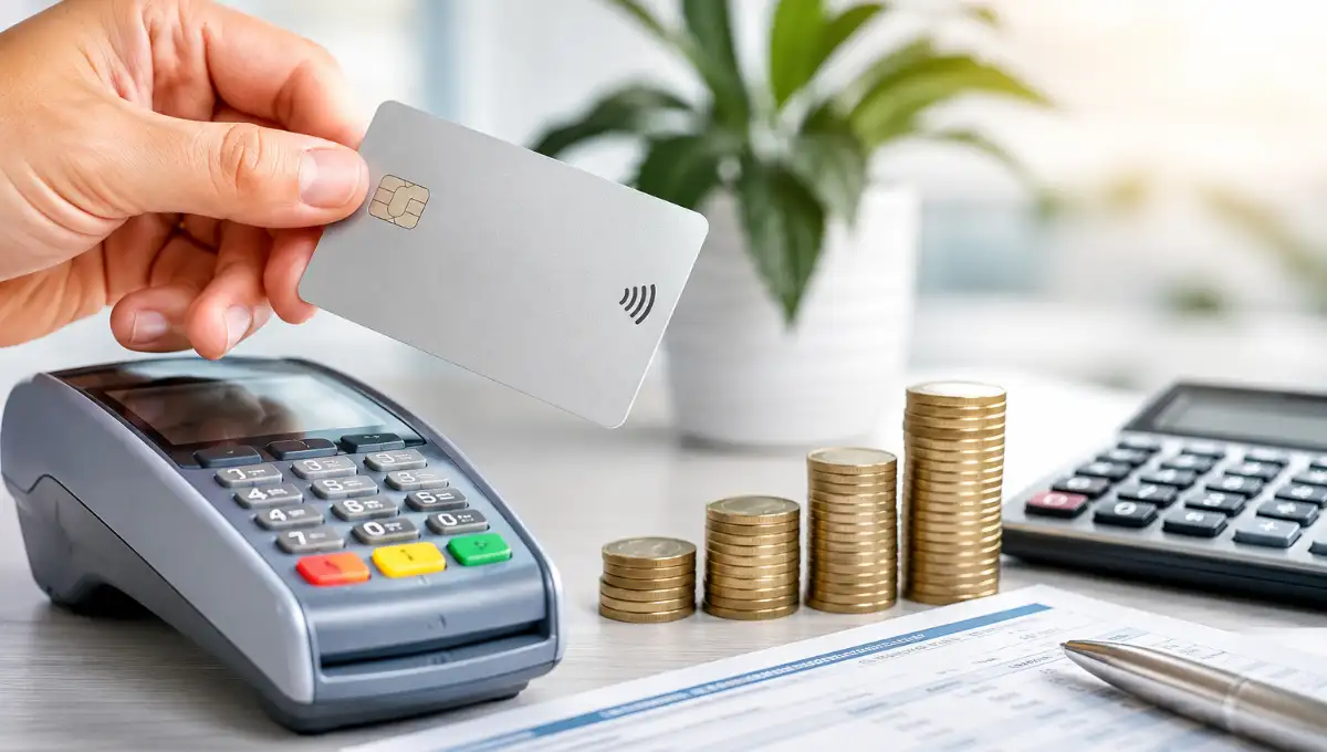 atrasar o cartão em 2026 com mão segurando cartão de crédito próximo da maquininha e moedas sobre a mesa