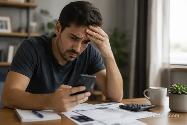homem preocupado olhando a fatura no celular enquanto a dívida no cartão em 2026 aumenta por causa dos juros