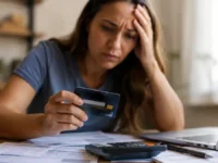 mulher preocupada segurando cartão de crédito enquanto a dívida no cartão em 2026 aumenta por causa dos juros