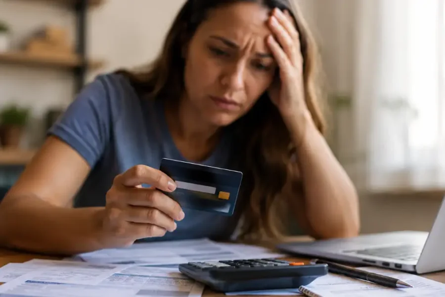 mulher preocupada segurando cartão de crédito enquanto a dívida no cartão em 2026 aumenta por causa dos juros