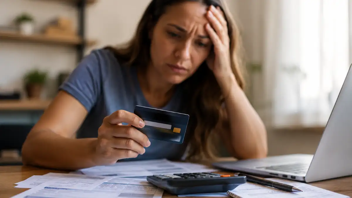 mulher preocupada segurando cartão de crédito enquanto a dívida no cartão em 2026 aumenta por causa dos juros