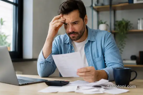 Homem preocupado analisando documentos financeiros sobre Pix pode cair na malha fina em 2026