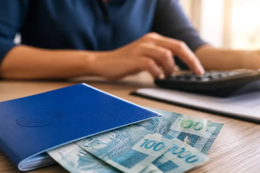 juros antecipação fgts 2026 sendo calculado com dinheiro e calculadora mostrando perda financeira