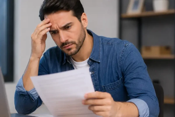 Homem preocupado analisando dívidas e crédito porque nome sujo impede financiamento em 2026