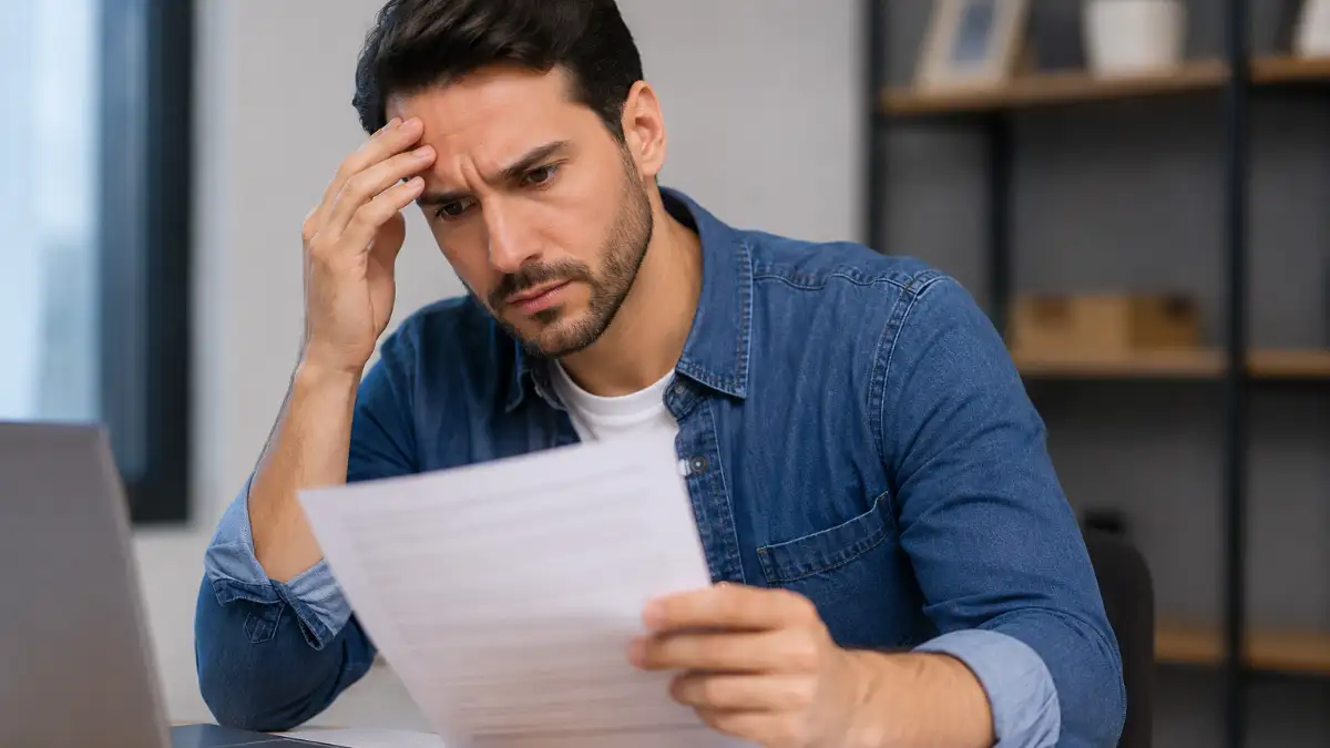 Homem preocupado analisando dívidas e crédito porque nome sujo impede financiamento em 2026