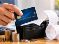 homem segurando cartão de crédito perto de carteira e comprovantes ao pagar o mínimo do cartão em 2026