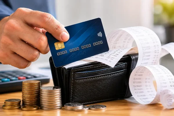 homem segurando cartão de crédito perto de carteira e comprovantes ao pagar o mínimo do cartão em 2026