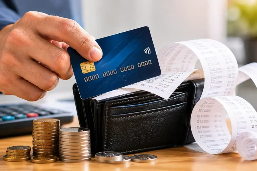 homem segurando cartão de crédito perto de carteira e comprovantes ao pagar o mínimo do cartão em 2026