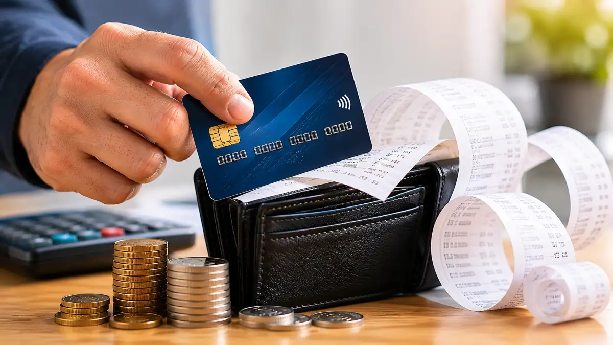 homem segurando cartão de crédito perto de carteira e comprovantes ao pagar o mínimo do cartão em 2026