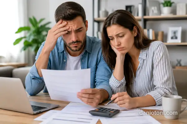 Casal preocupado calculando quanto nome sujo impede financiamento e aumenta prejuízos financeiros em 2026