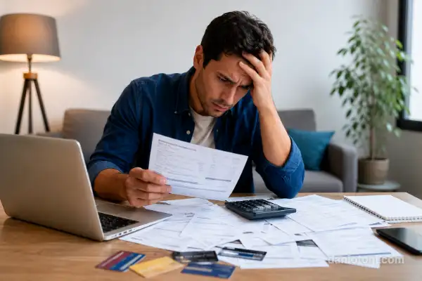 homem preocupado analisando contas e dívidas do cartão ao pagar o mínimo do cartão em 2026