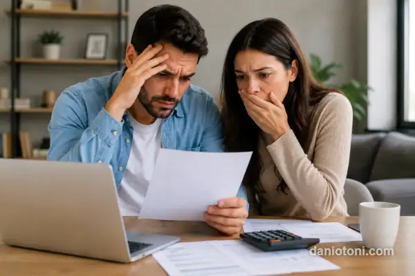 Casal assustado descobrindo como nome sujo impede financiamento e aumenta dívidas em 2026