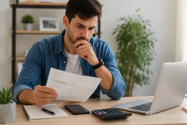 Homem analisando uma fatura e comparando alternativas para evitar parcelar a fatura do cartão em 2026