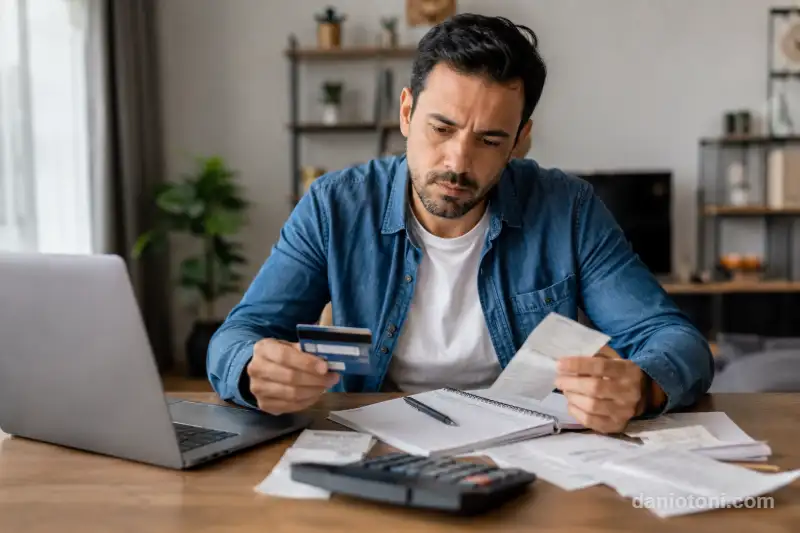 Homem analisando faturas de cartão de crédito e despesas domésticas em 2026 enquanto organiza o orçamento financeiro em uma mesa de trabalho.