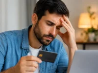 Homem preocupado segurando um cartão de crédito e calculando os custos de atrasar a fatura do cartão em 2026