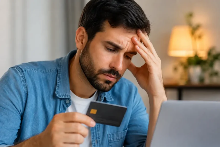 Homem preocupado segurando um cartão de crédito e calculando os custos de atrasar a fatura do cartão em 2026