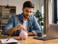 Como começar a investir em 2026 com pessoa guardando dinheiro em cofrinho ao lado de um notebook enquanto planeja seus primeiros investimentos.
