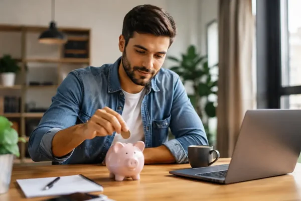 Como começar a investir em 2026 com pessoa guardando dinheiro em cofrinho ao lado de um notebook enquanto planeja seus primeiros investimentos.