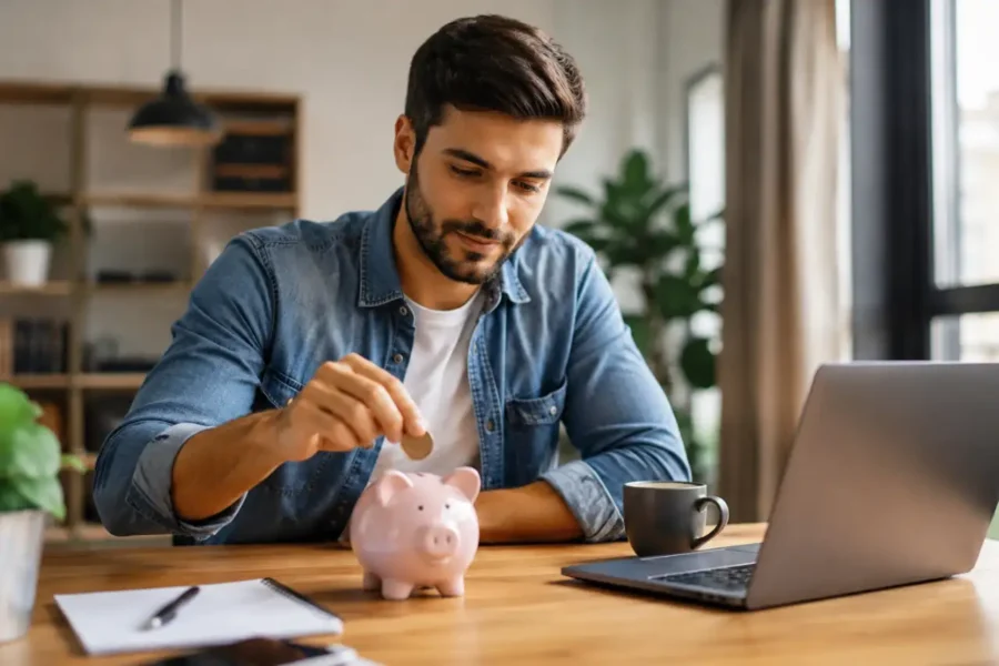 Como começar a investir em 2026 com pessoa guardando dinheiro em cofrinho ao lado de um notebook enquanto planeja seus primeiros investimentos.