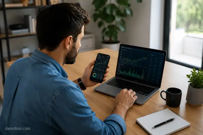 Como começar a investir em 2026 com pessoa utilizando aplicativo de investimentos no celular enquanto analisa gráficos financeiros em um notebook.