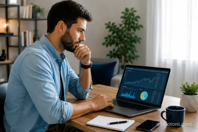 Como começar a investir em 2026 com pessoa analisando investimentos em notebook com gráficos financeiros em ambiente moderno e bem iluminado.