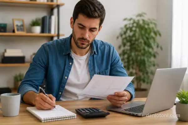 Homem organizando suas finanças para evitar parcelar a fatura do cartão novamente no futuro