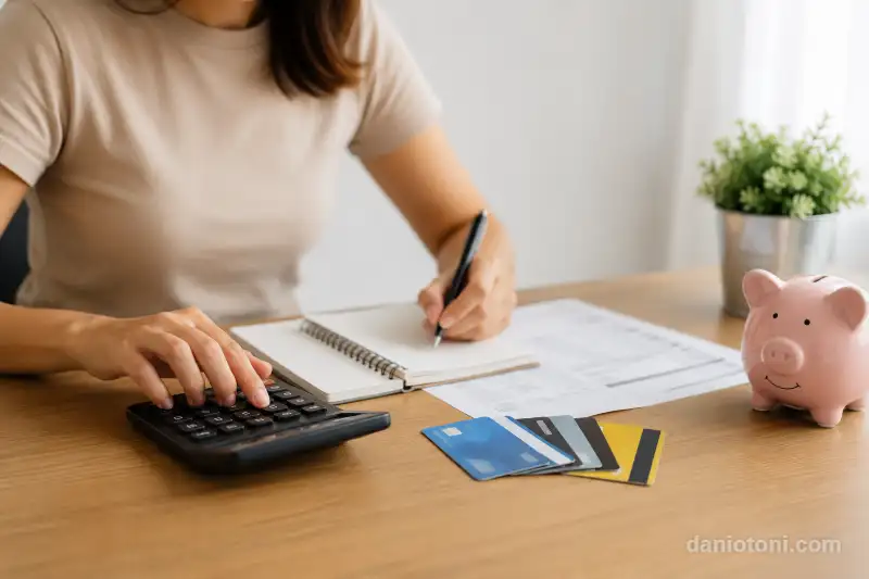 Pessoa organizando orçamento e calculando despesas para aprender como sair das dívidas do cartão em 2026.