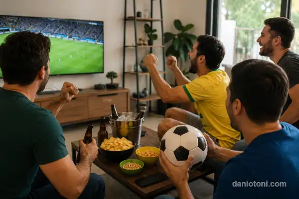 Copa do Mundo 2026 e dívidas: amigos assistindo futebol durante confraternização com gastos planejados