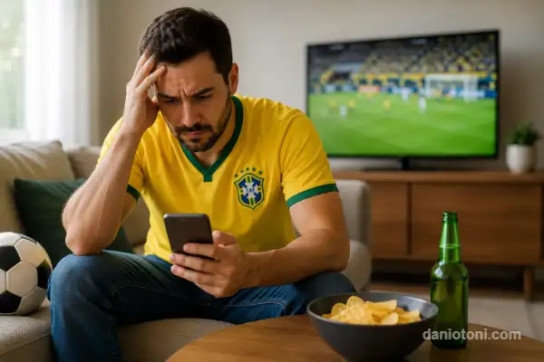 Copa do Mundo 2026 e dívidas: torcedor preocupado analisando gastos no celular durante os jogos