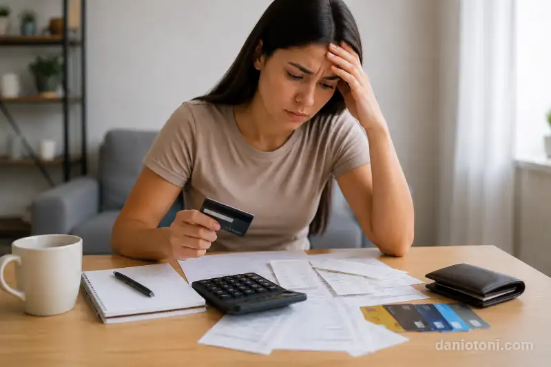 Mulher preocupada analisando contas e cartão de crédito enquanto comete erros que dificultam quitar a dívida do cartão.