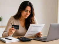 Mulher analisando fatura e cartão de crédito antes de parcelar a fatura do cartão em 2026