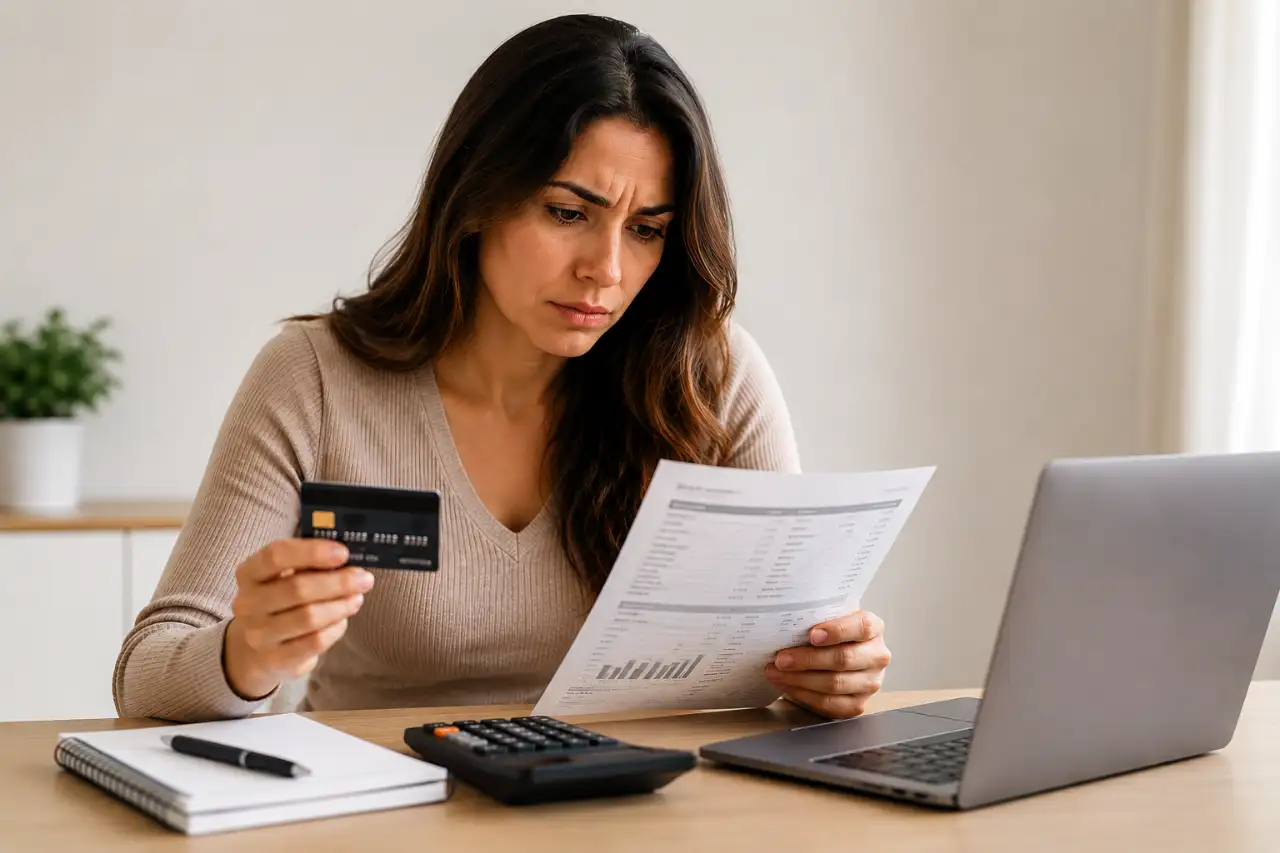 Mulher analisando fatura e cartão de crédito antes de parcelar a fatura do cartão em 2026